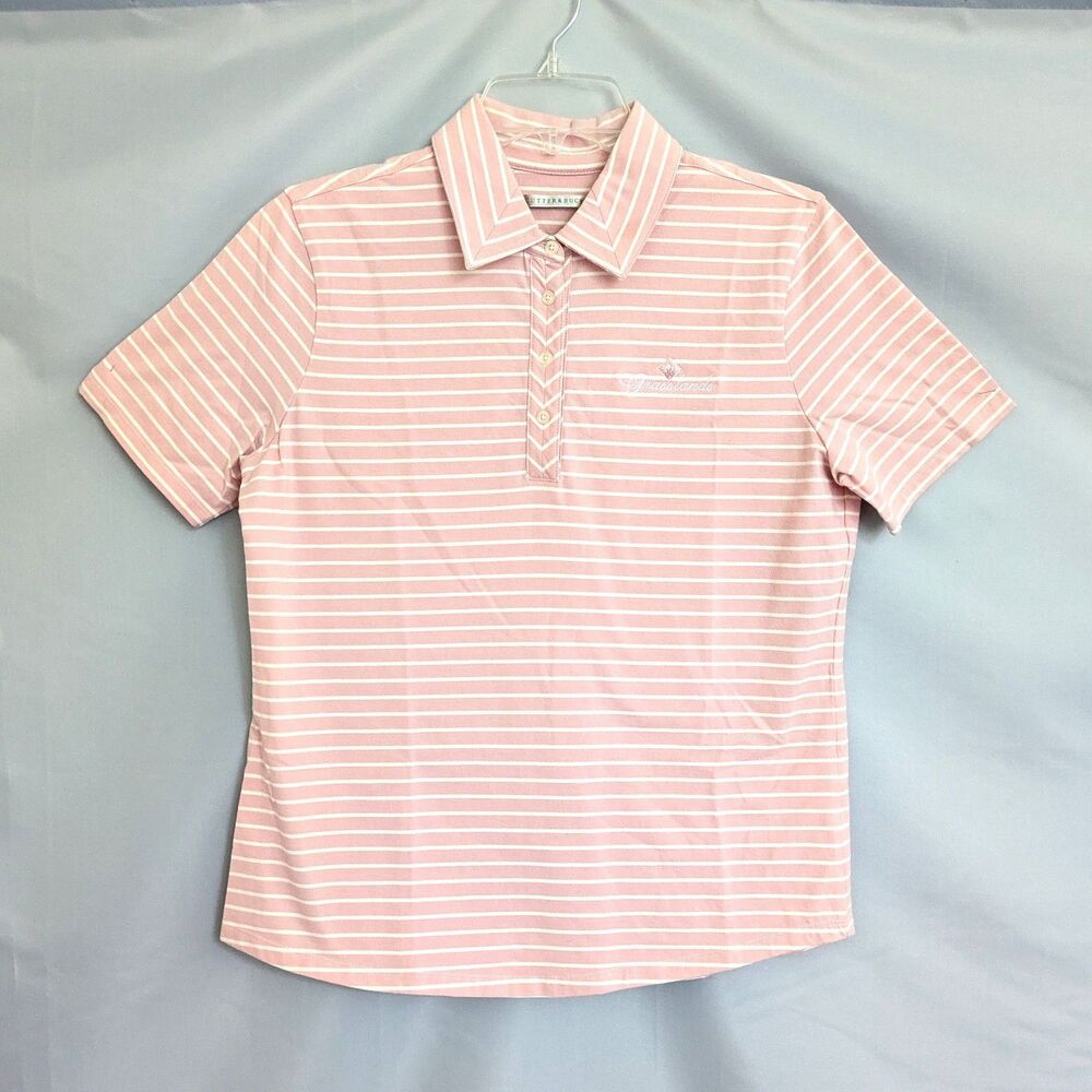 Cutter & Buck Womens L Pink Striped Polo Golf Shirt Cotton Spandex Grasslands